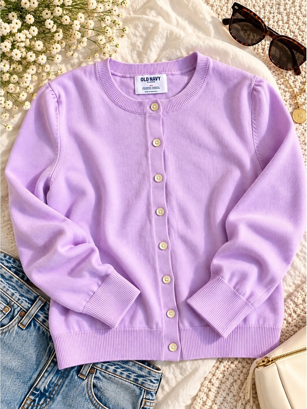 Old Navy Lilac Crew Neck Button-Up Cardigan Sweater, Medium